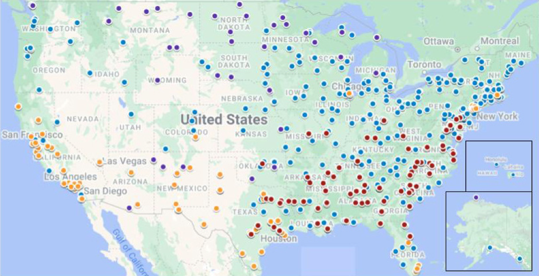 Map of the United States with colored dots showing the locations of HBCUs, HSIs, TCUs, and ERIs